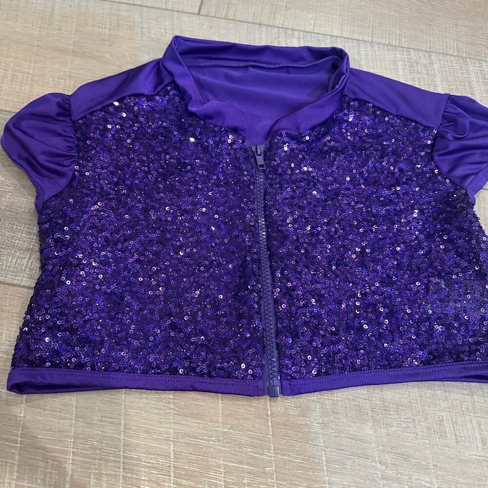 CURTAIN CALL COSTUMES PURPLE CROPPED DANCE COSTUME TOP CXL #E1857 ZIP FRONT